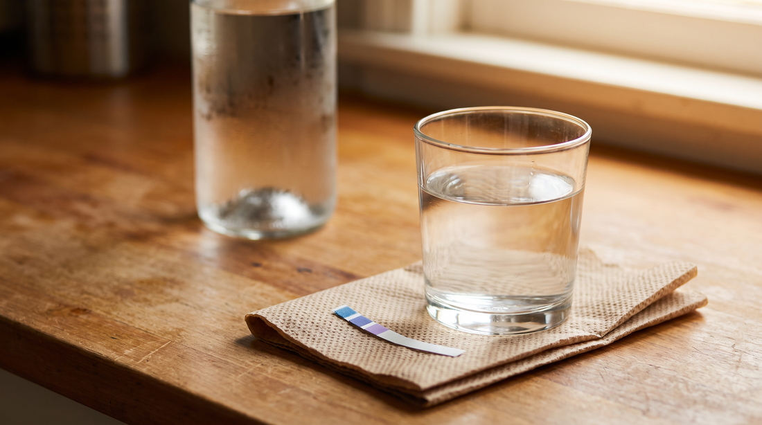A glass of water and a pH testing strip on a wooden kitchen counter