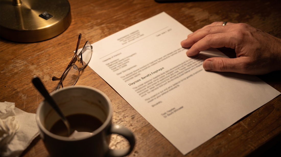 A person sitting with a printed medical report reading Diagnosis: Barrett's Esophagus, reading glasses and coffee on a wooden desk at night