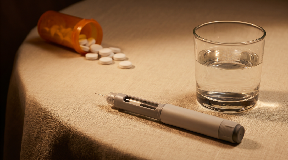 GLP-1 auto-injector pen with antacid bottle on linen surface