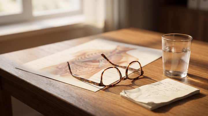 A doctor's desk scene with reading glasses resting on an anatomical reference sheet, a glass of water, and a handwritten note