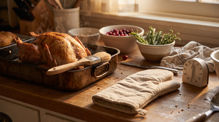 A roasted turkey in a well-used roasting pan on a wooden kitchen counter, with a basting brush, oven mitt, and kitchen timer, mid-preparation for a holiday meal