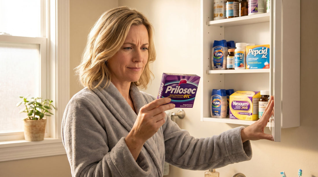 Woman reading Prilosec box skeptically at medicine cabinet full of antacids