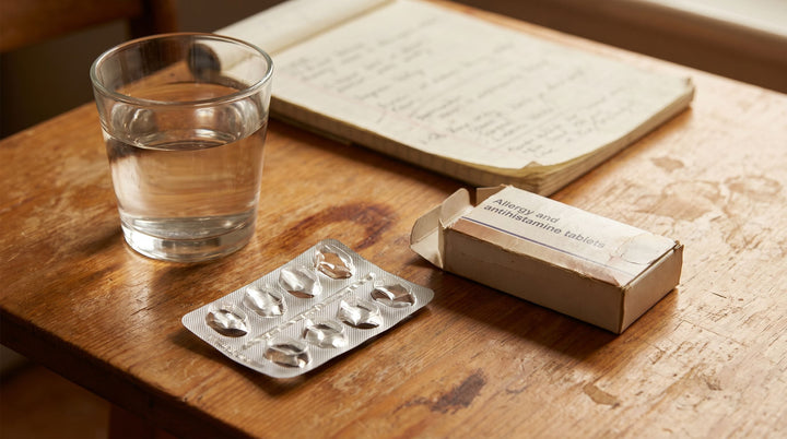 A desk with a glass of water, open pack of throat lozenges, allergy medication, and a notepad representing years of misdiagnosis and failed treatments for silent reflux.