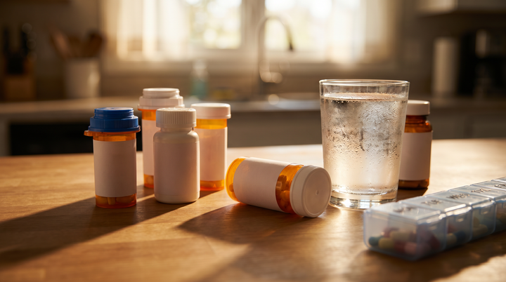 A pharmacy countertop scene with multiple prescription bottles lined up next to a glass of water