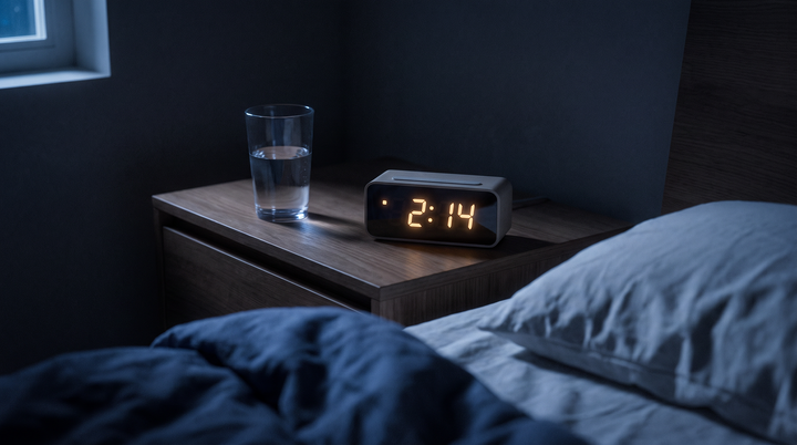 A dimly lit nightstand at 2:14 AM with a digital clock glowing and a glass of water, editorial health photography