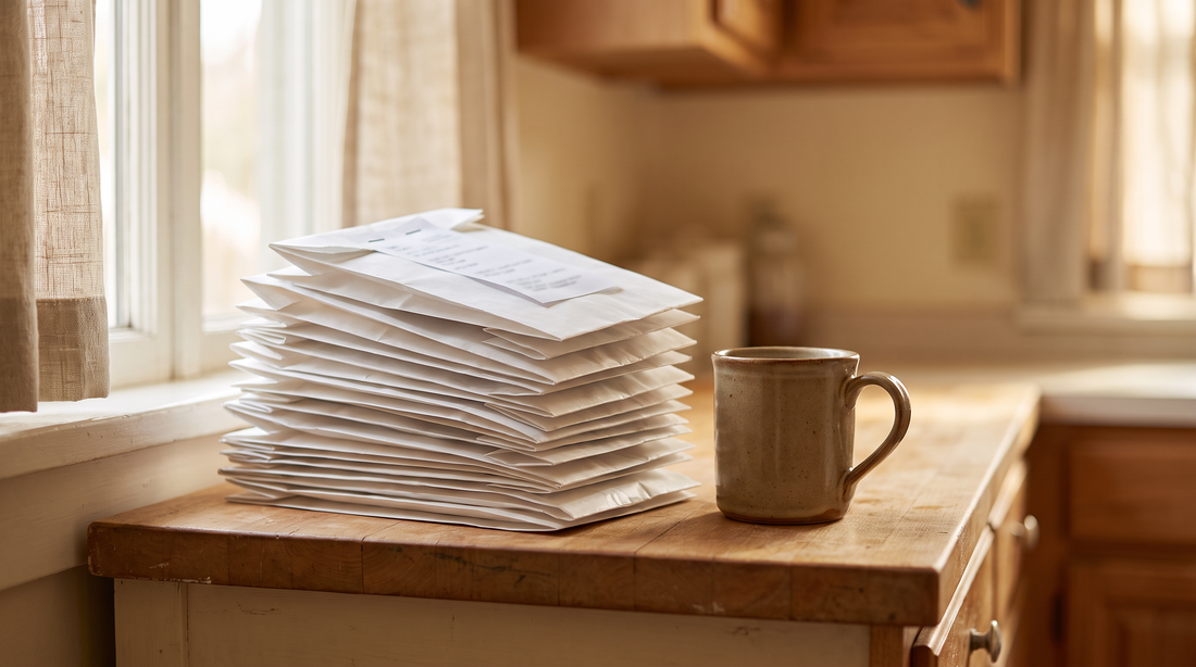 A kitchen counter in soft morning light with a tall stack of small identical white pharmacy bags, each stapled shut with a receipt, next to a coffee mug