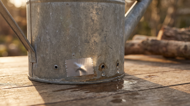A galvanized watering can with one leaking hole patched with tape while others still drip onto a wooden table
