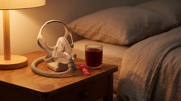 A CPAP mask and hose resting on a nightstand beside a warm bedside lamp, a glass of KMAG and a stick pack visible, a bed with rumpled sheets in the background