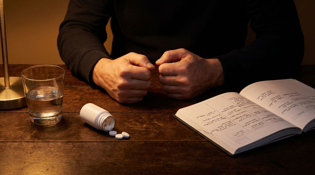 A close-up of hands resting on a desk at night surrounded by a dense planner, spilled antacid tablets, and a glass of water.