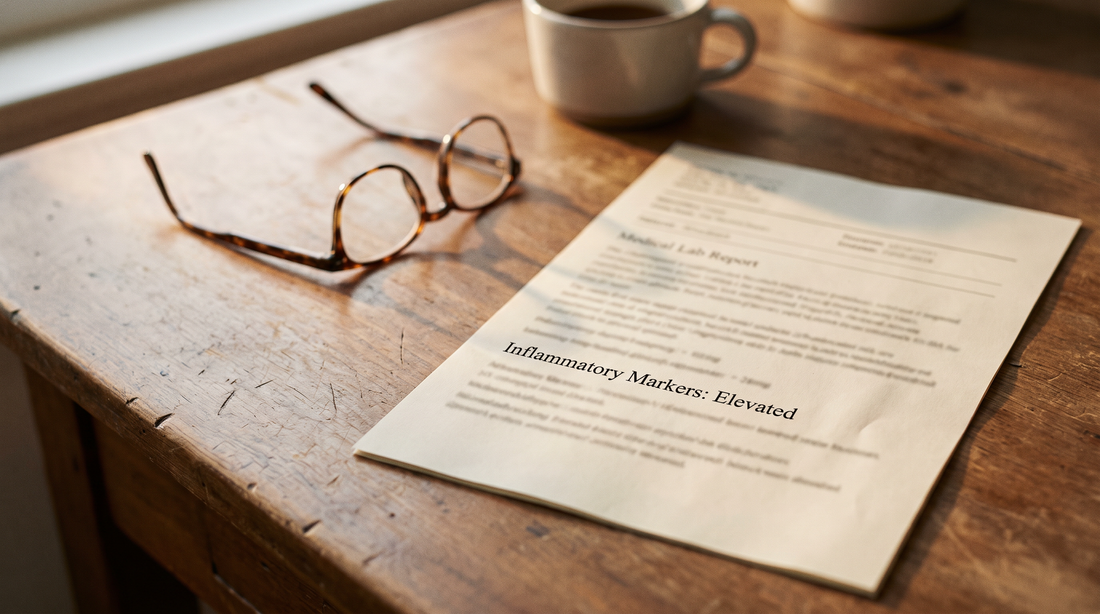 A printed lab report resting beside reading glasses on a wooden desk, with one line in sharp focus reading Inflammatory Markers: Elevated